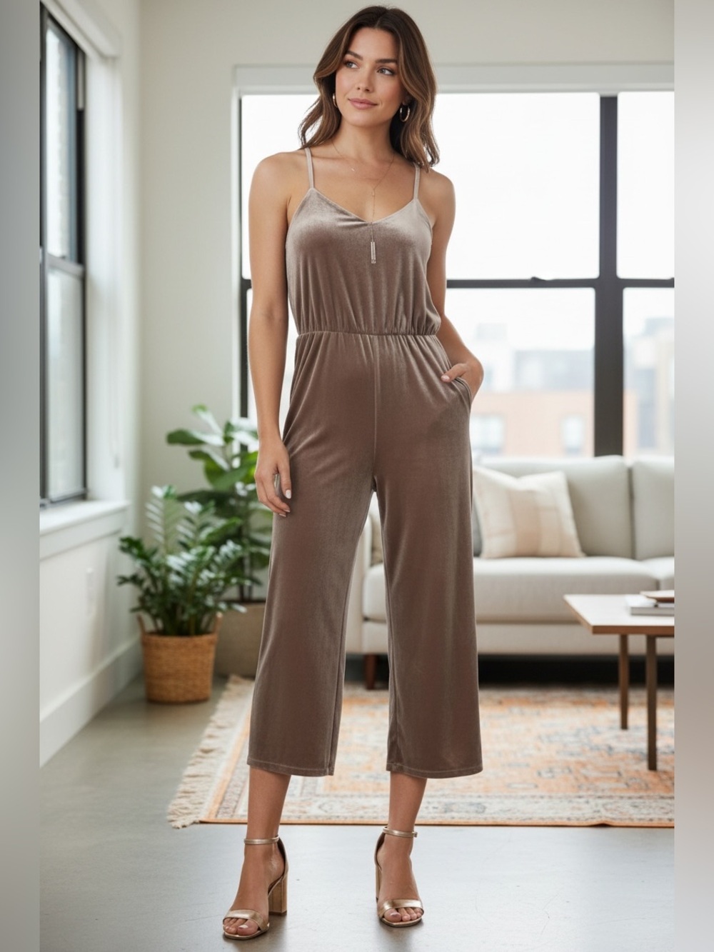 Love Riche Velvet Wide-Leg Jumpsuit Chocolate Brown, Size L